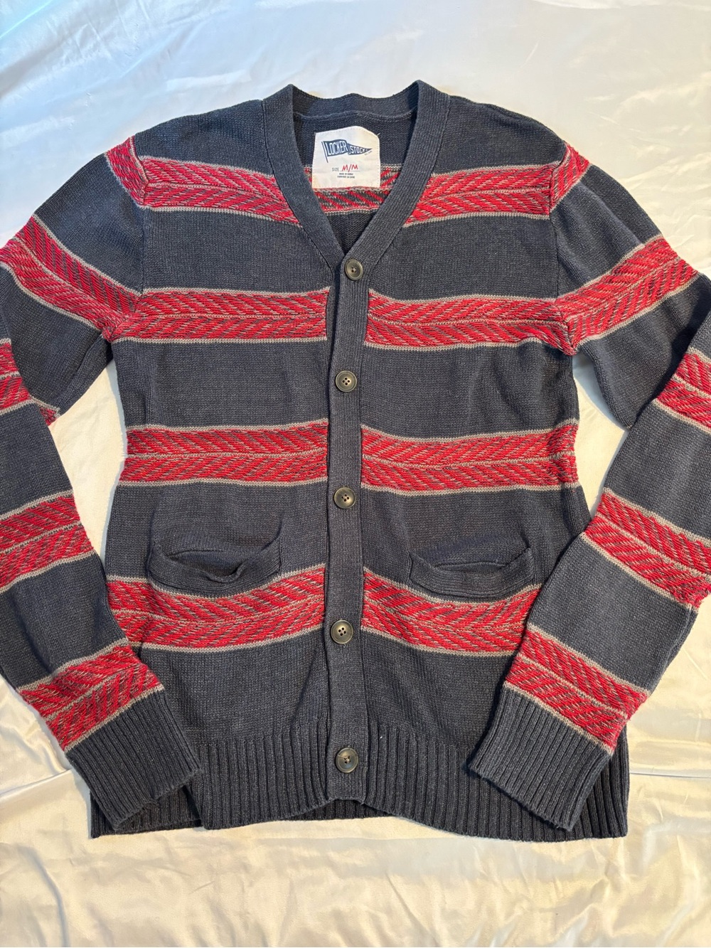 Men's Navy and Red Striped Button-Front Sweater Cardigan vintage inspired M